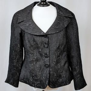 Kasper Brocade Blazer Wide Collar Button Front V-Neck Formal Jacket Black size 8